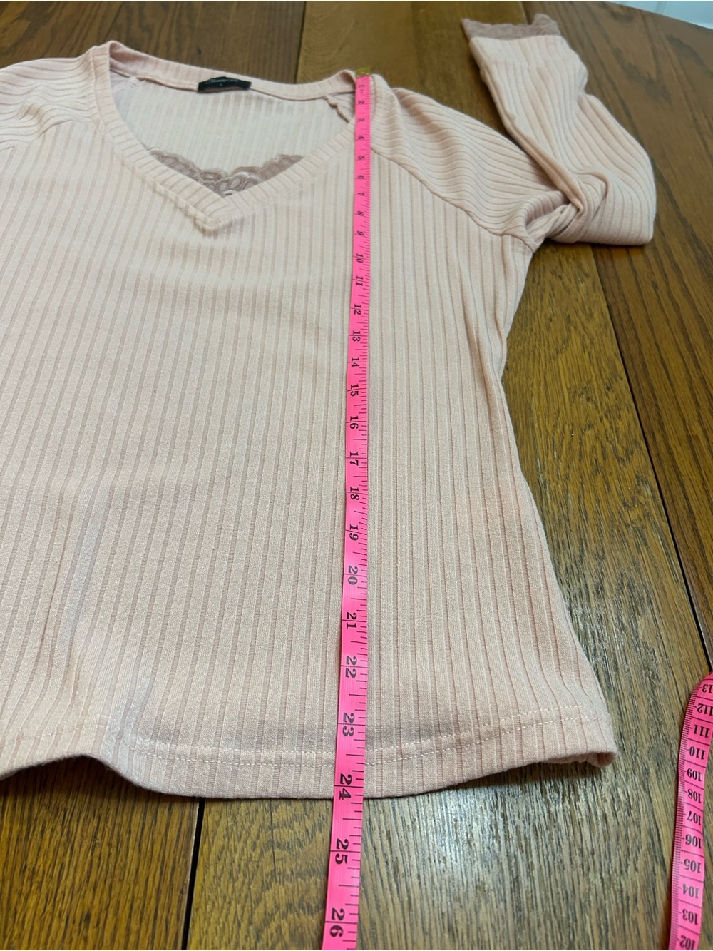 Women's Pink Ribbed V-Neck Long Sleeve Top with Lace Trim - Picture 8 of 9